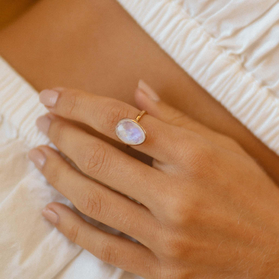 Gold Moonstone Ring being worn - womens gold moonstone jewellery 