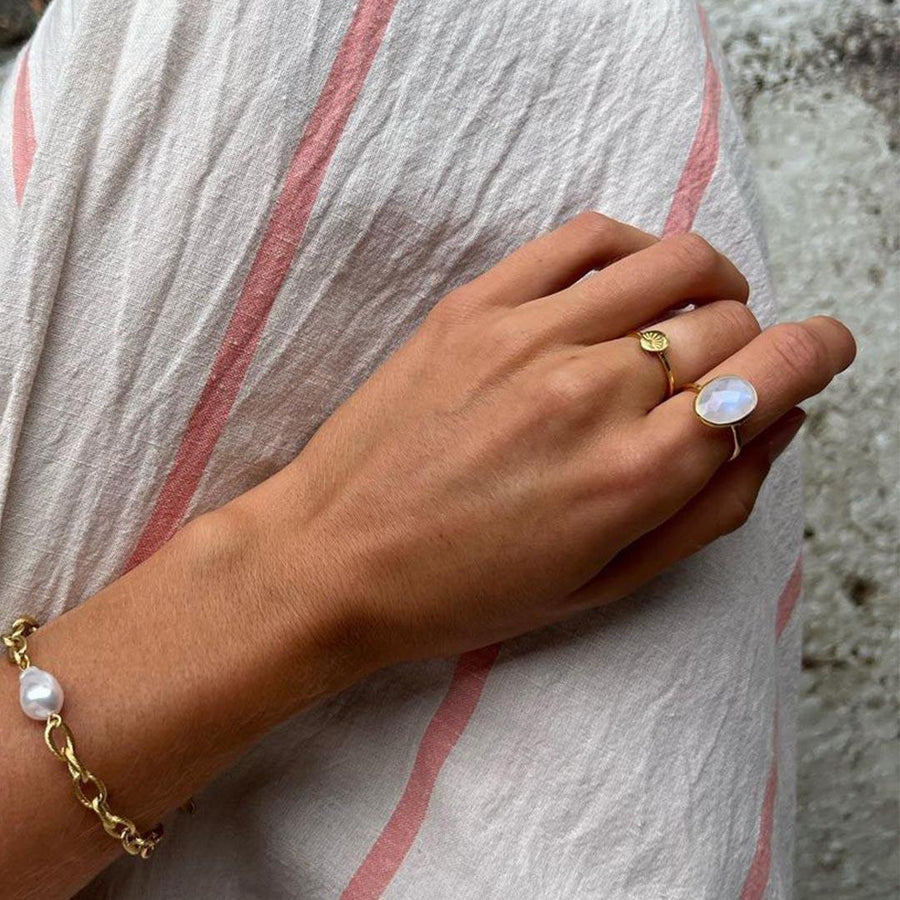 Hand wearing Gold Moonstone Ring - womens gold jewellery by indie and harper