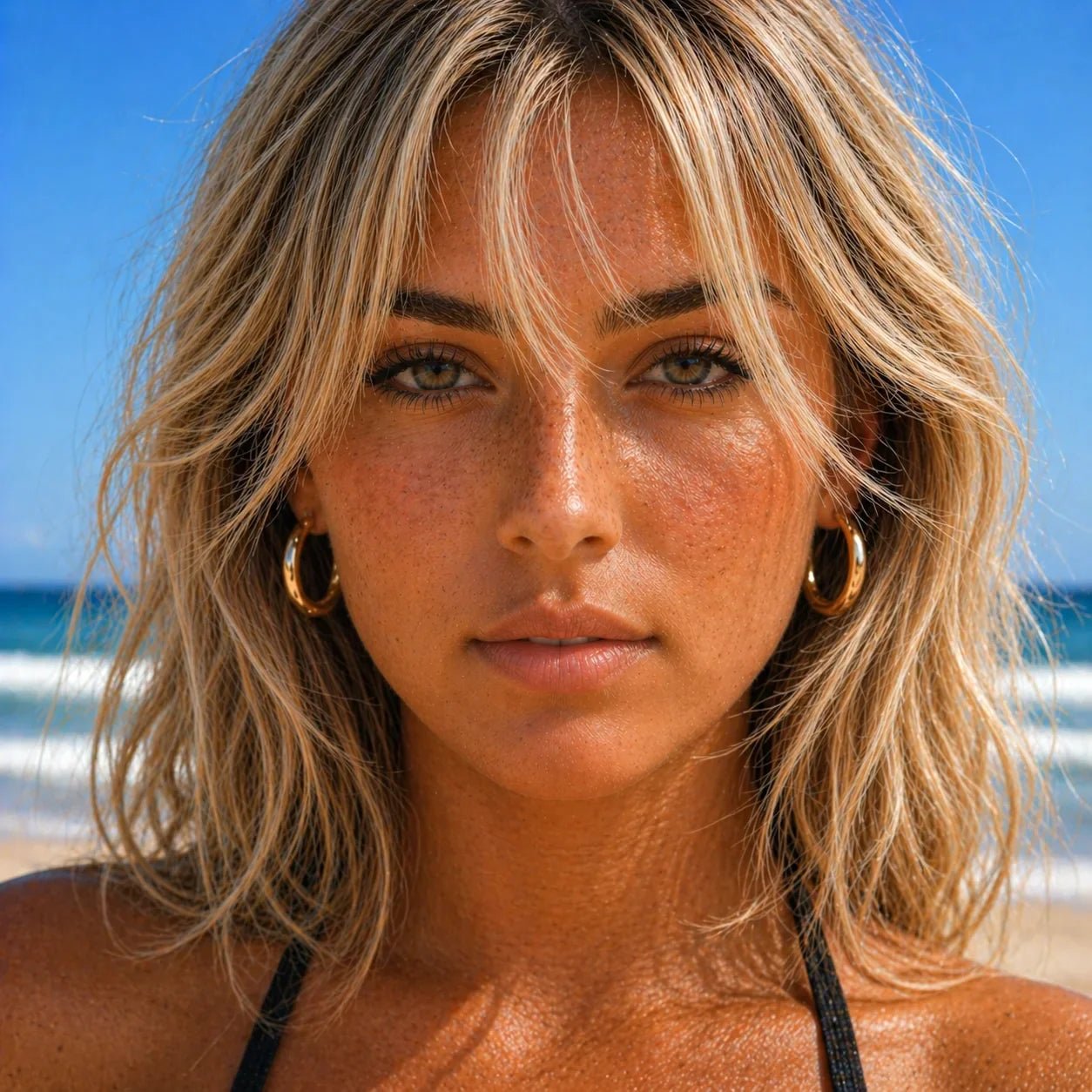 Woman with blonde hair and freckles on a beach wearing stainless steel waterproof gold hoop earrings