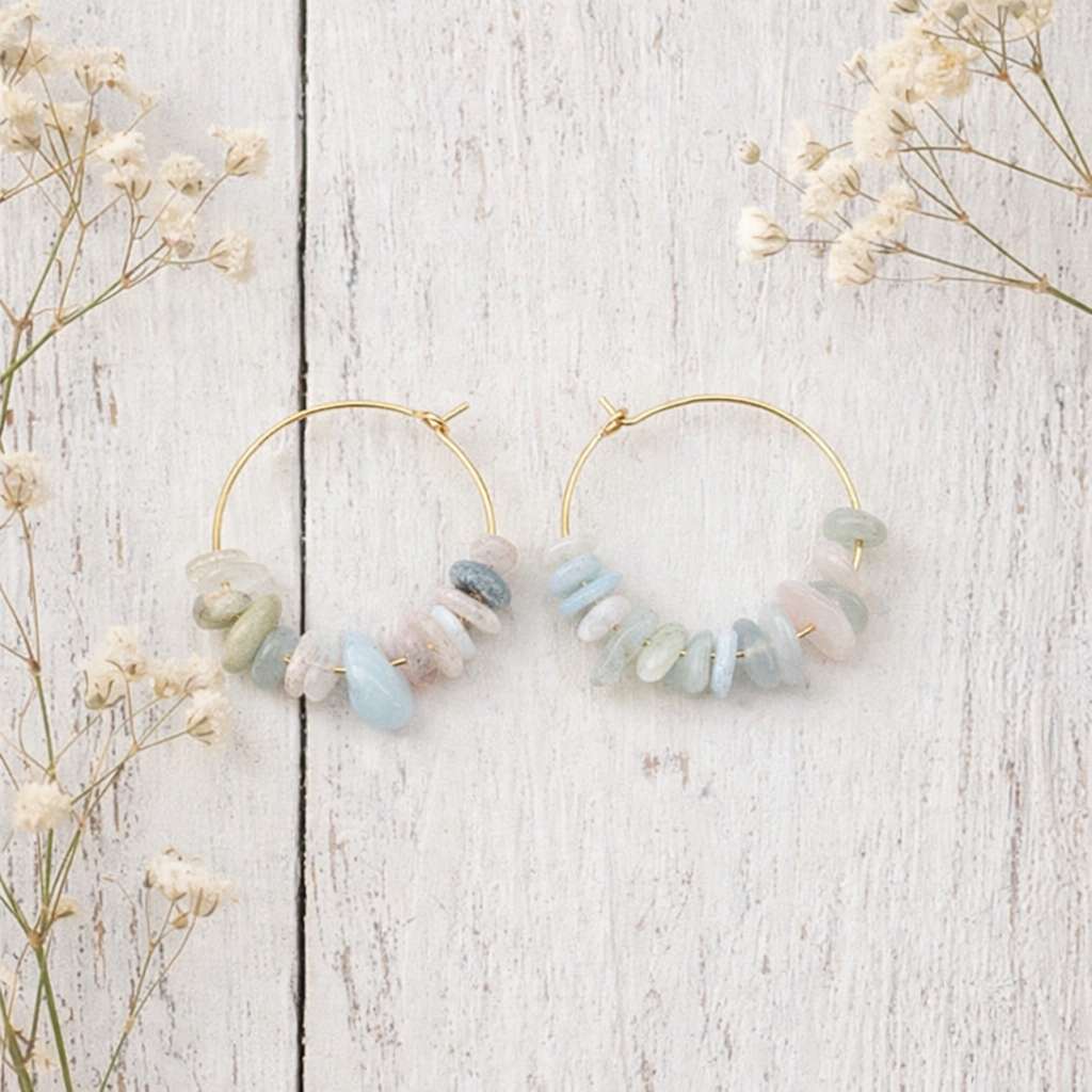 Gold hoop earrings with morganite stones