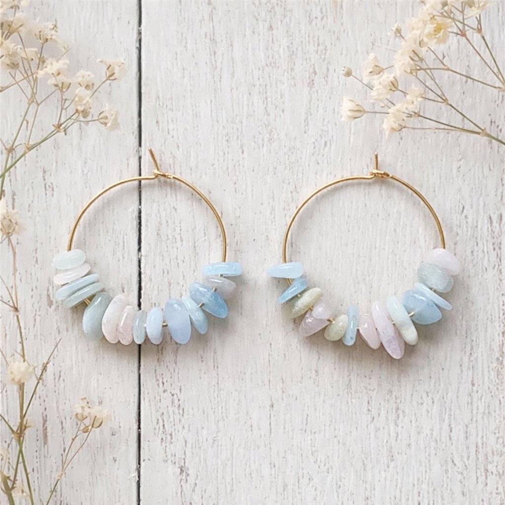 Gold hoop earrings with morganite stones