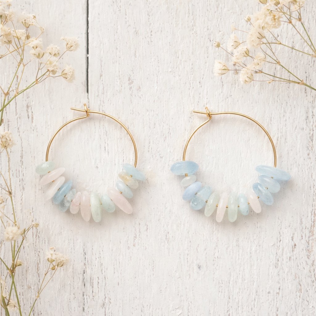 Hoop earrings with pastel beads on a light wooden surface with dried flowers.