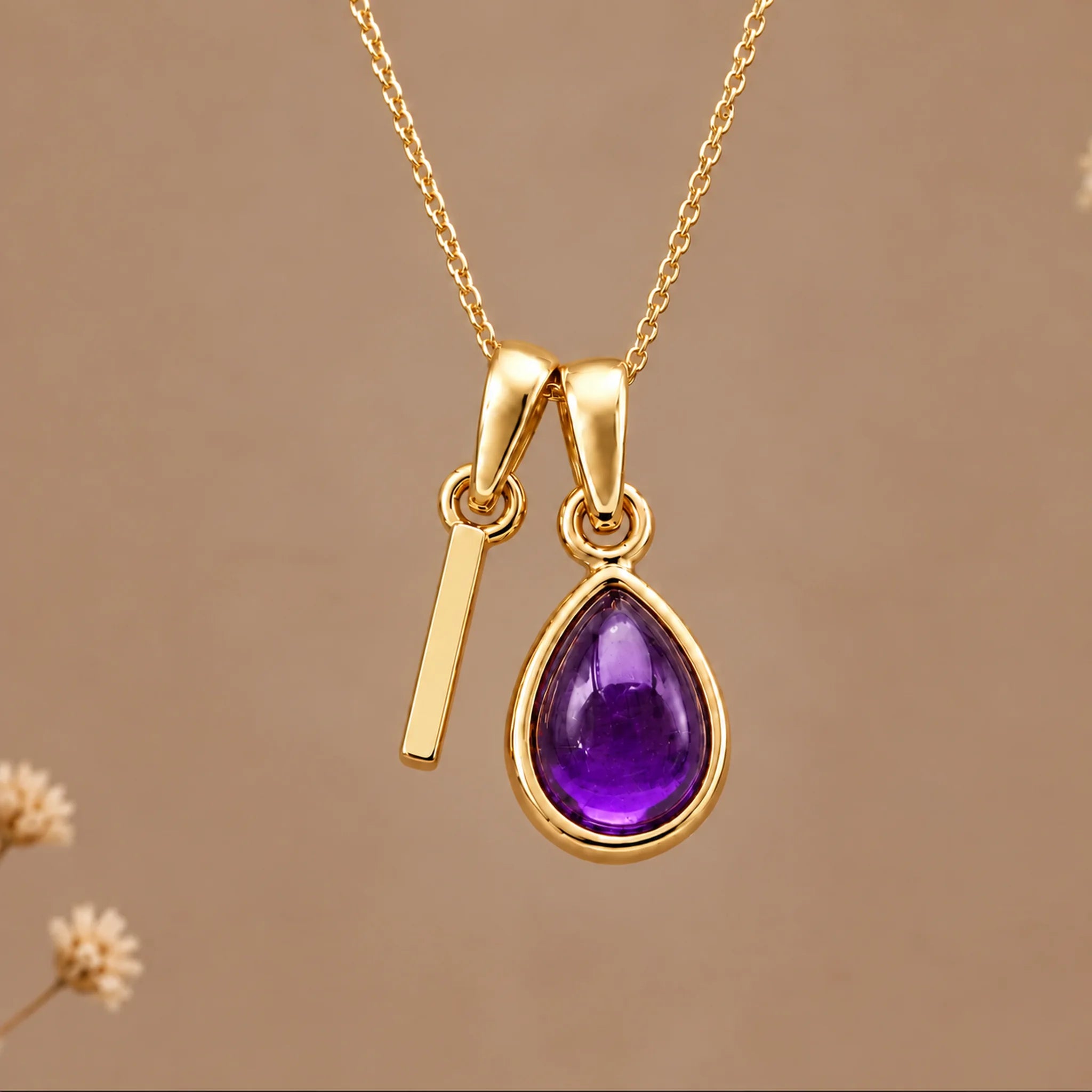 Gold initial I necklace with a natural February amethyst
