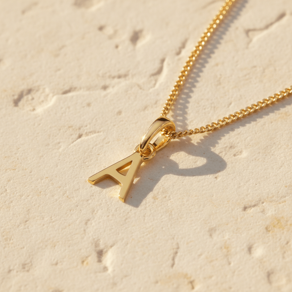 Gold necklace with a 'A' pendant on a textured beige surface