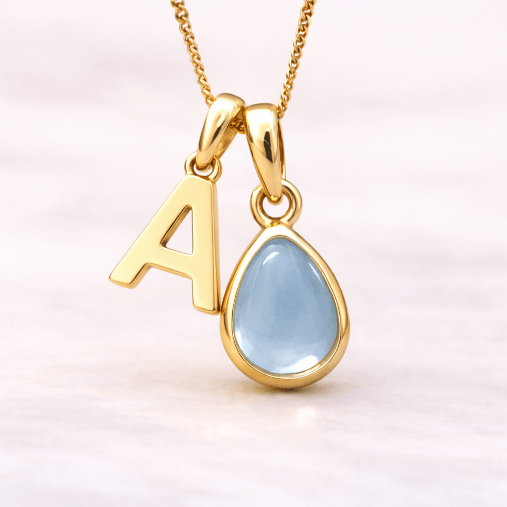 Gold necklace with a teardrop-shaped blue topaz pendant and letter 'A' on a light pink background