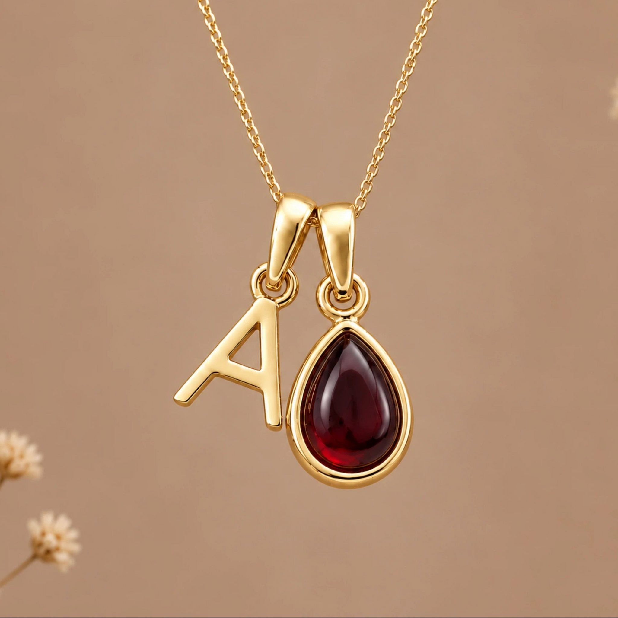 gold January birthstone necklace with natural garnet gemstone and 'A' initial pendant - Personalised Birthday Gift