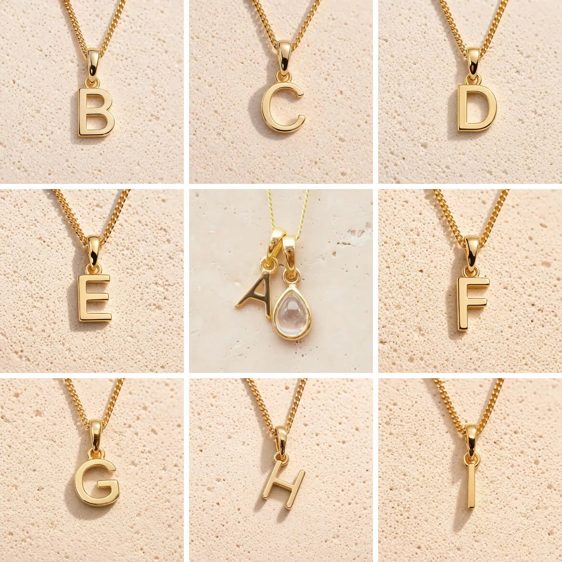 Gold fine chain necklaces with letters A to H on a beige background as personalised Gold Initial Pendant options for April Birthstone Necklace. 