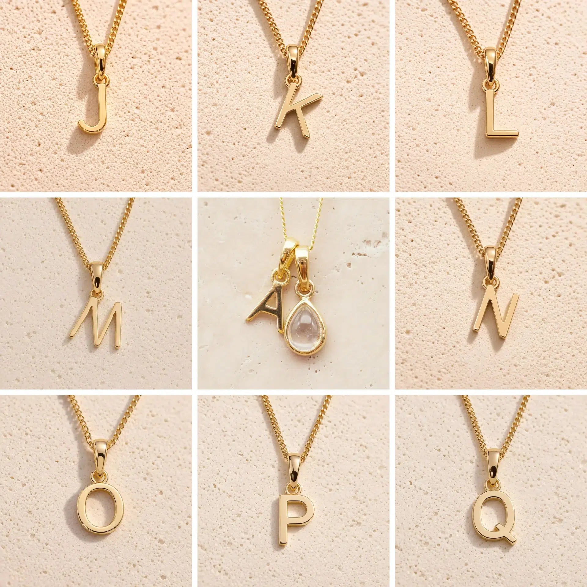 Gold fine chain necklaces with letters A and J to Q on a beige background as personalised Gold Initial Pendant options for April Birthstone Necklace.