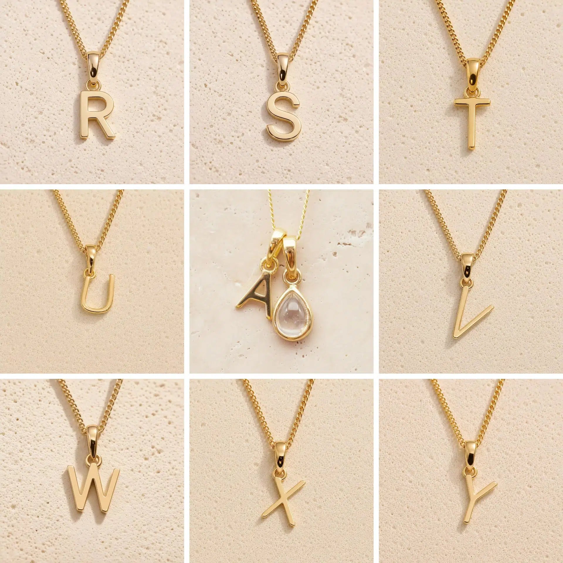 Gold fine chain necklaces with letters A and R to Y on a beige background as personalised Gold Initial Pendant options for April Birthstone Necklace.