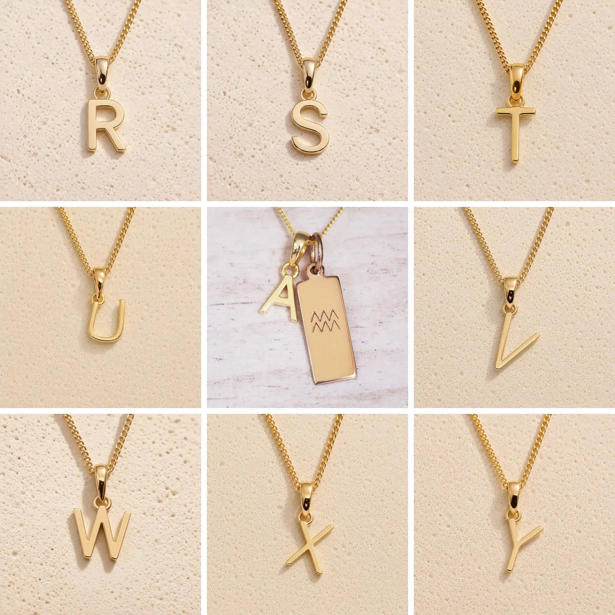 Collection of gold fine chain necklaces with gold letter pendants R to Y, as personalised initial charms for Aquarius Zodiac Necklace on a beige background