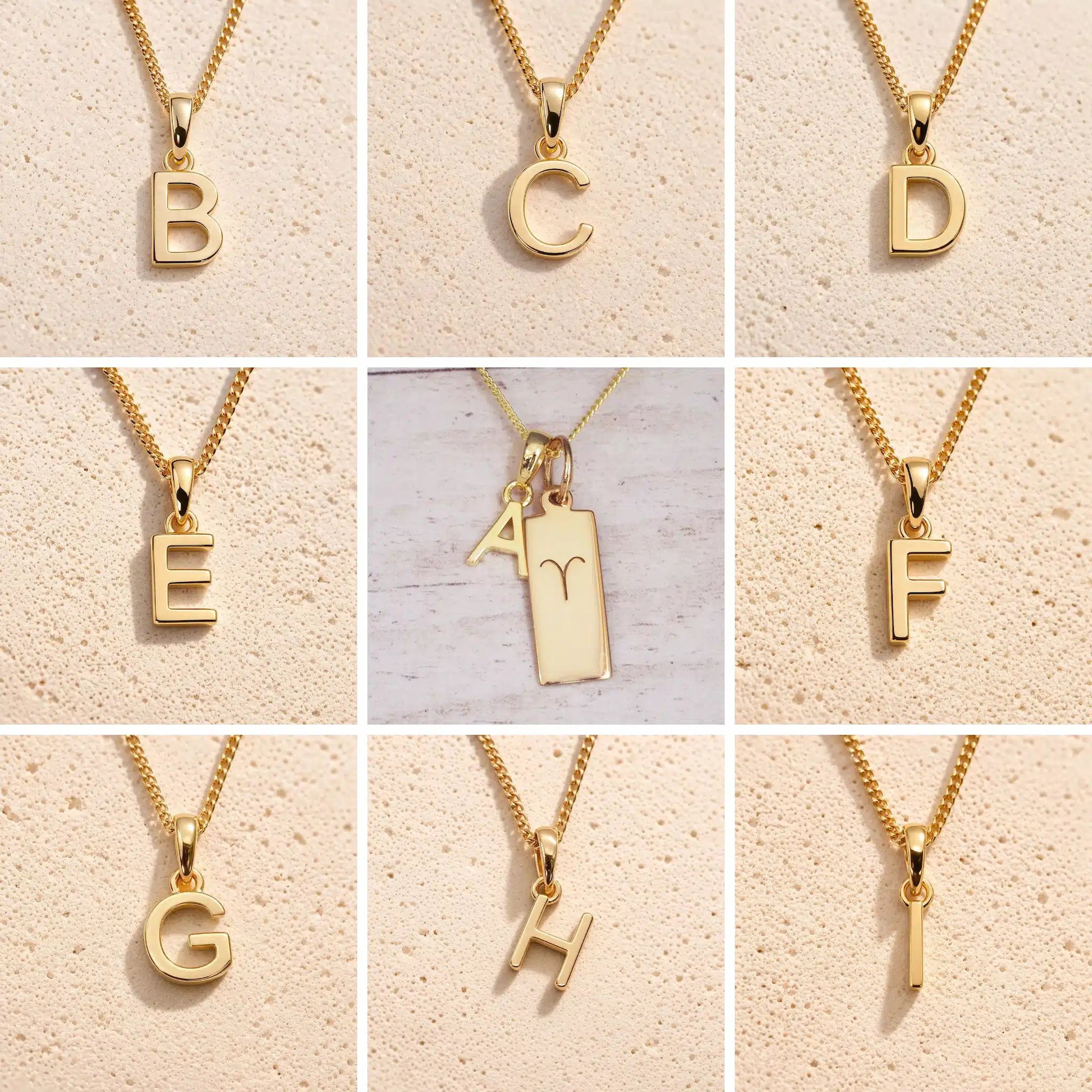 grid of Gold fine chain necklaces with uppercase initial charms A to H on a beige background as personalised gold letter pendant options on a Aries Zodiac Necklace.