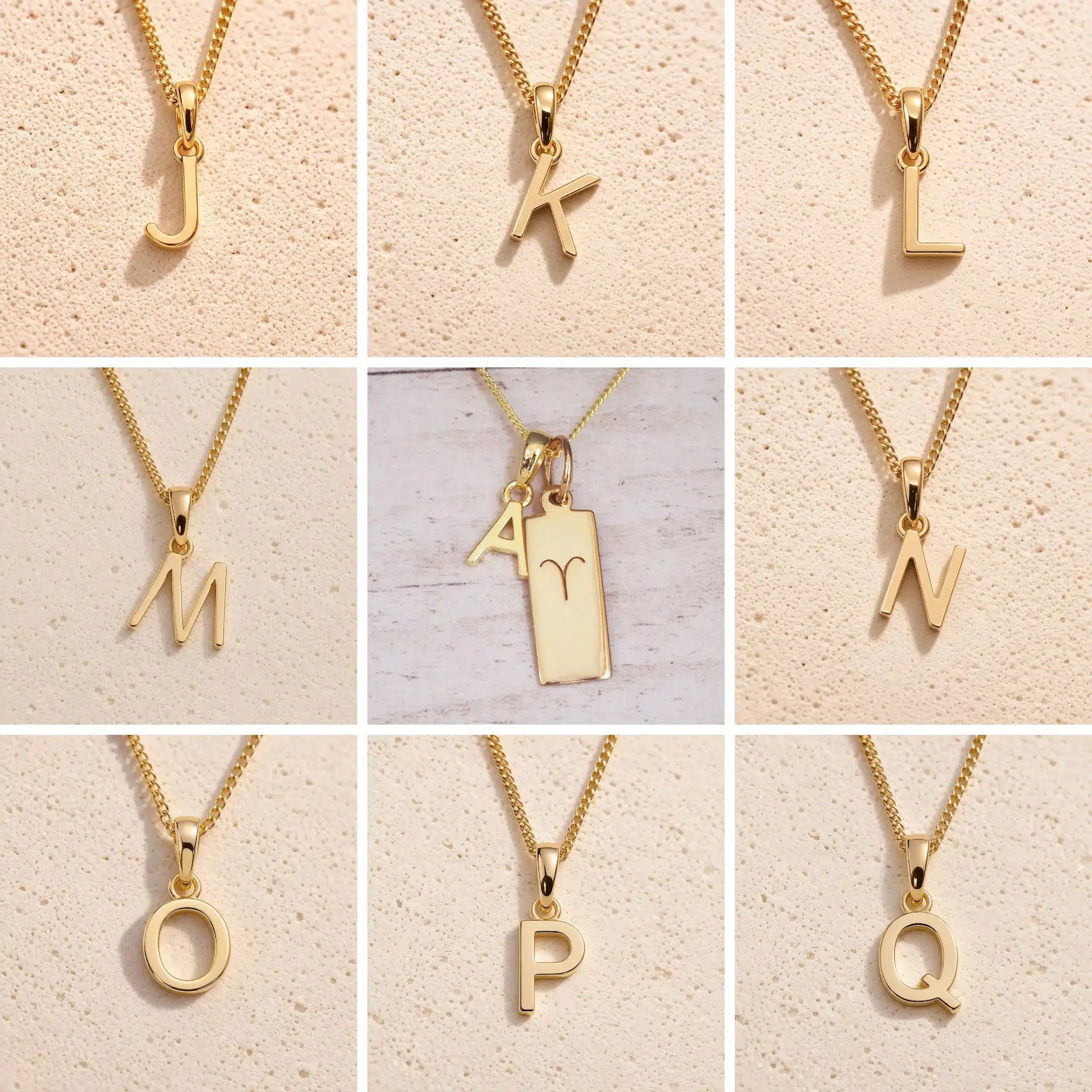 grid of Gold fine chain necklaces with uppercase initial charms J to Q on a beige background as personalised gold letter pendant options on a Aries Zodiac Necklace.