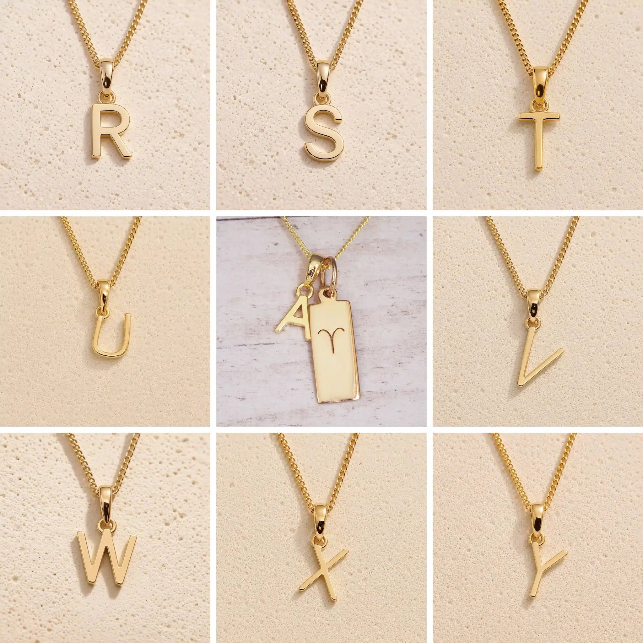grid of Gold fine chain necklaces with uppercase initial charms R to Y on a beige background as personalised gold letter pendant options on a Aries Zodiac Necklace.