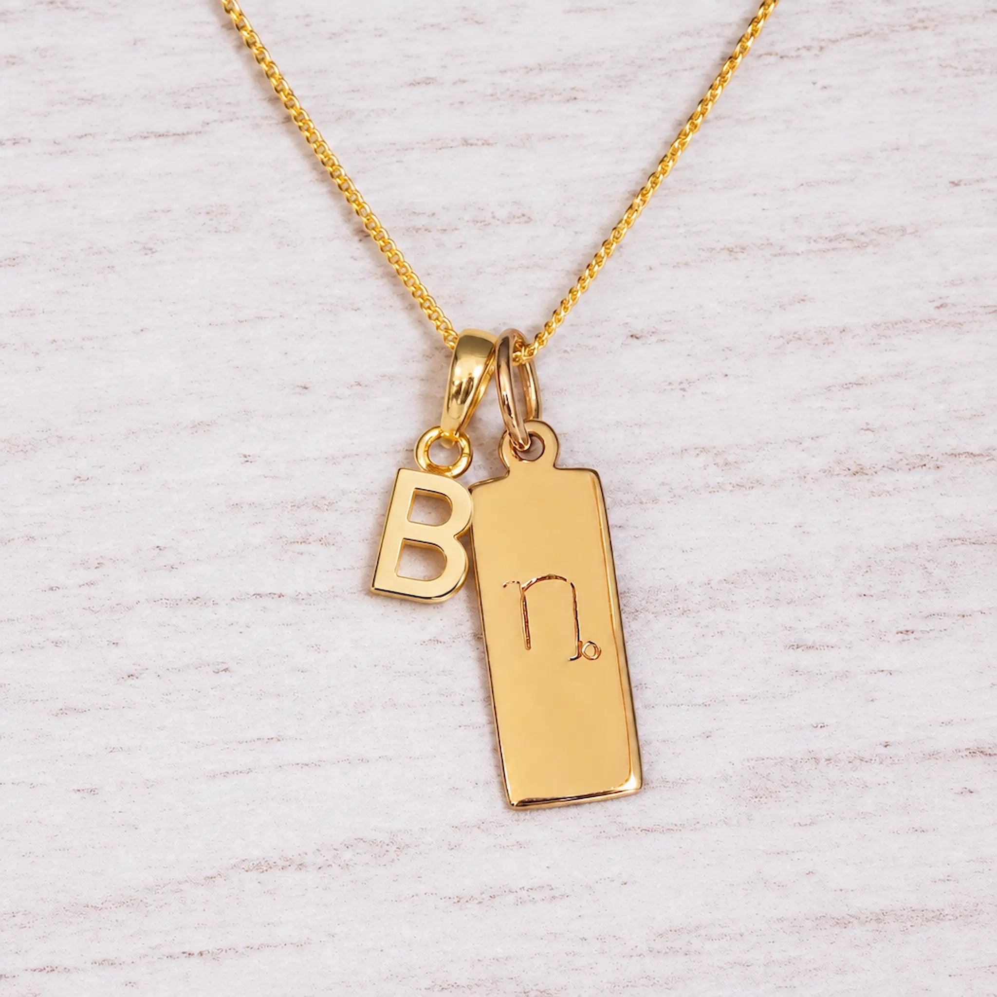 Gold Initial and Capricorn Zodiac Necklace with letter B pendant on light wood
