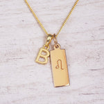 Gold initial and Leo zodiac necklace with a letter B pendant and engraved Leo bar on white wood, close-up