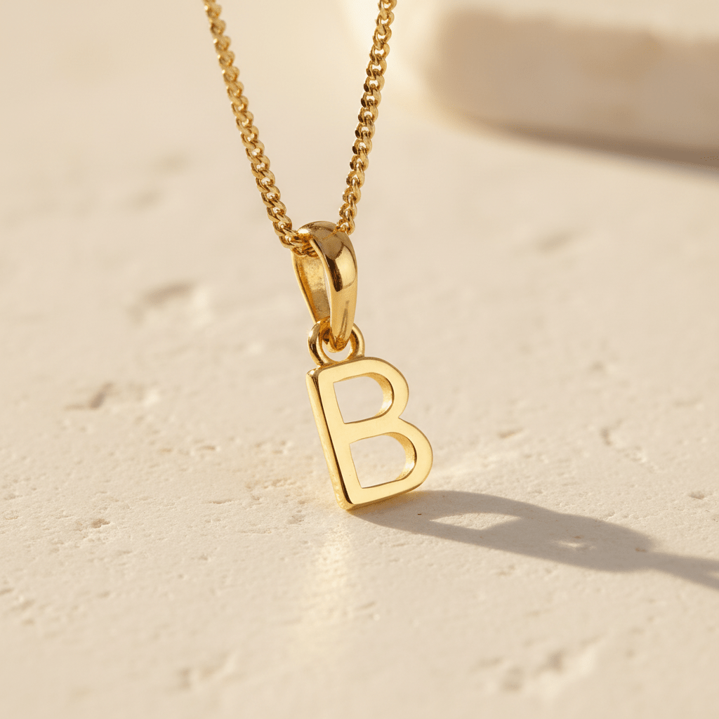 Gold necklace with a 'B' pendant on a beige background