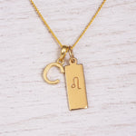 Gold initial and Leo zodiac necklace with a letter C pendant and engraved Leo bar on white wood, close-up