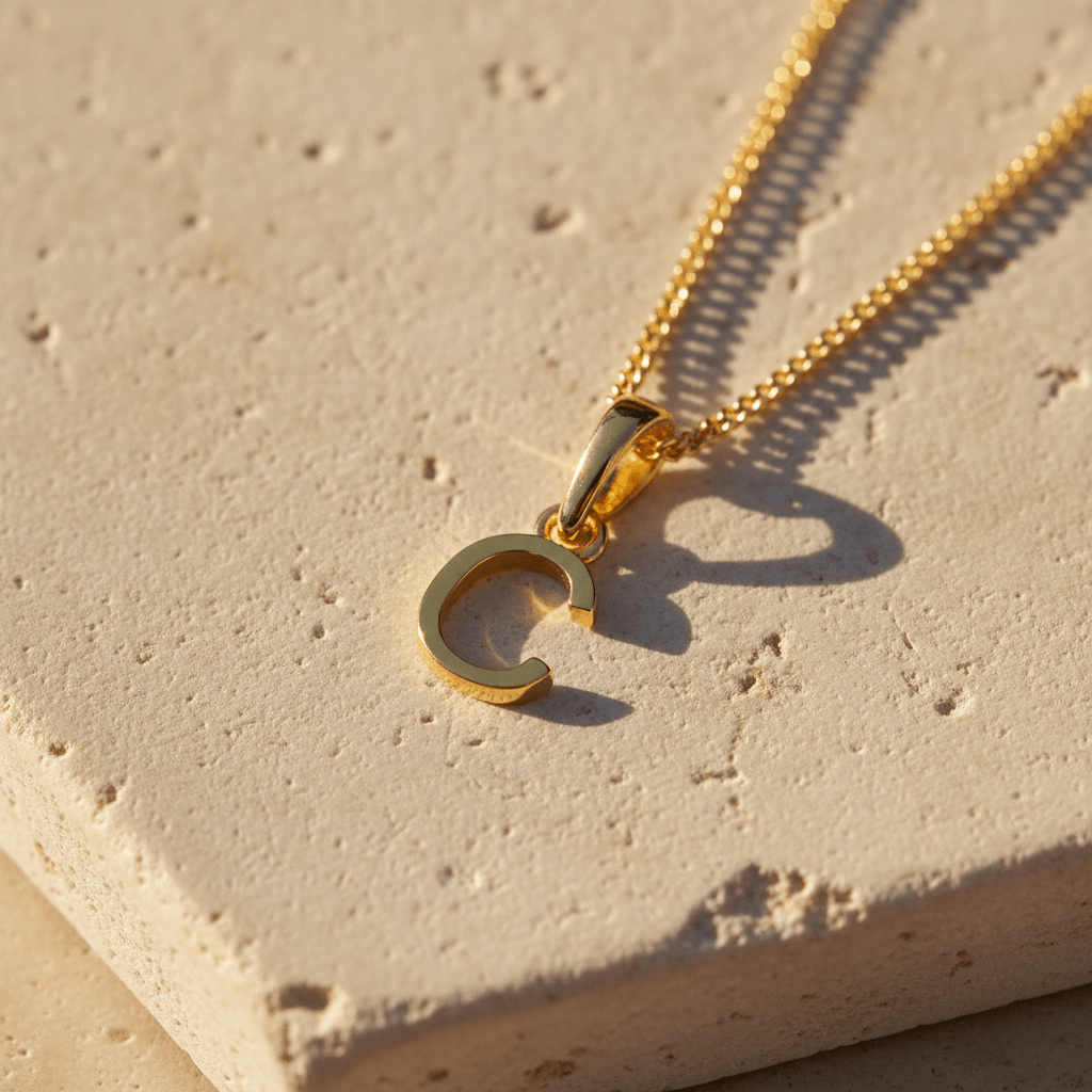 Gold necklace with a C pendant on a textured beige surface