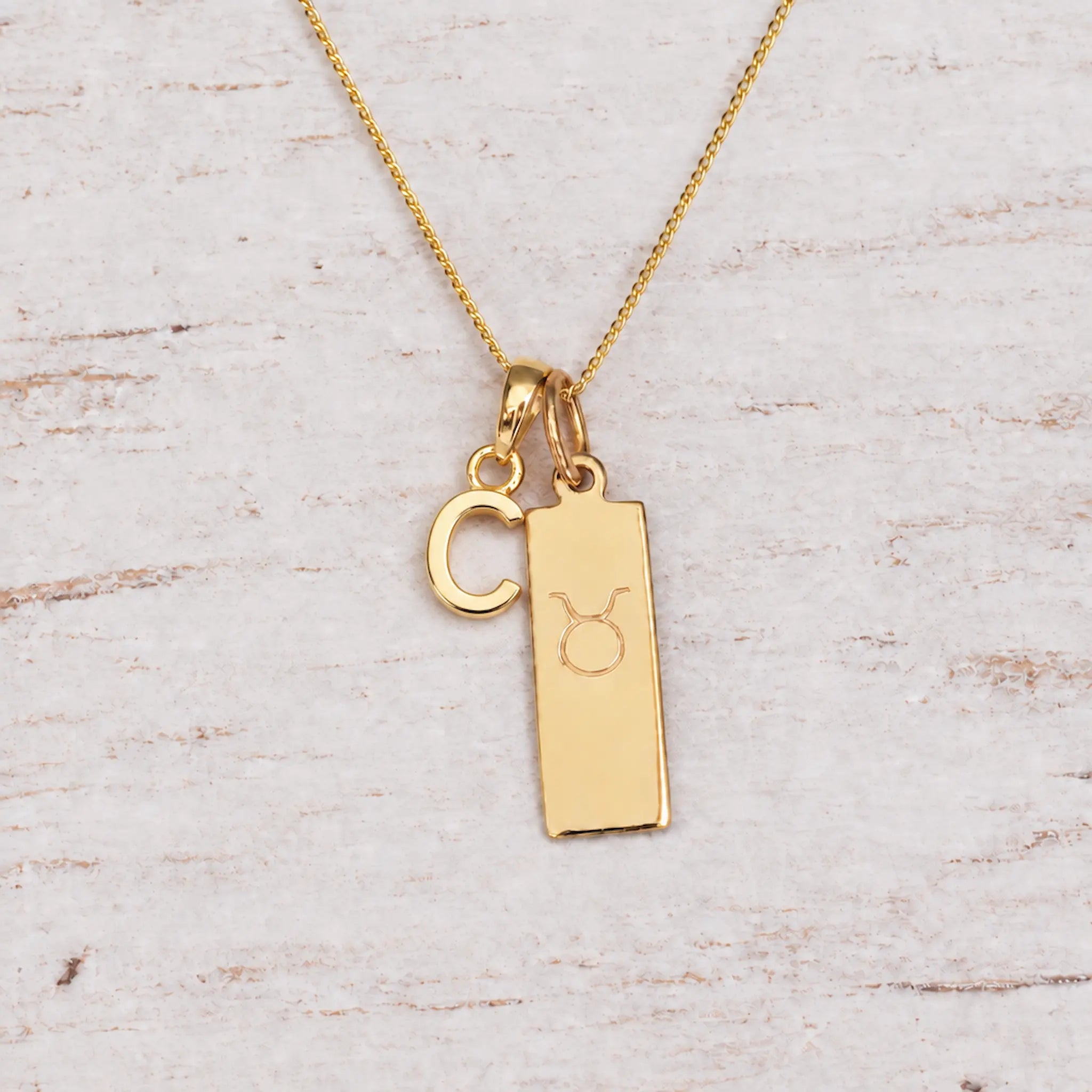 Gold Initial and Taurus Zodiac Necklace with letter C pendant