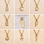 Collage of gold necklaces with letter charm pendants a, b, c, d, e, f, g, h and i on a beige background as gold initial pendant options to personalise a Cancer Zodiac Necklace.