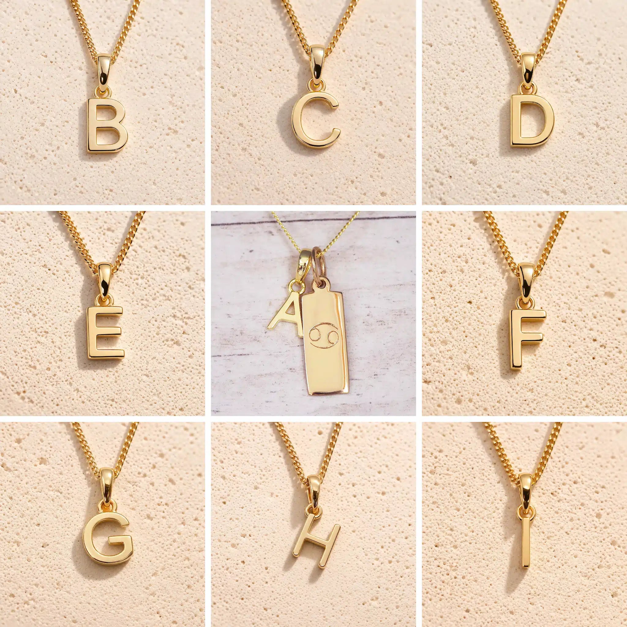 Collage of gold necklaces with letter charm pendants a, b, c, d, e, f, g, h and i on a beige background as gold initial pendant options to personalise a Cancer Zodiac Necklace.