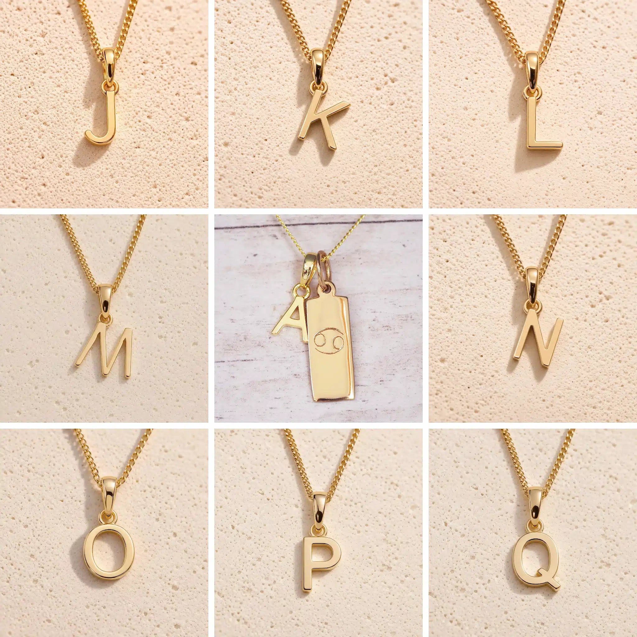 Collage of gold necklaces with letter charm pendants j, k, l, m, n, o, p, q on a beige background as gold initial pendant options to personalise a Cancer Zodiac Necklace.