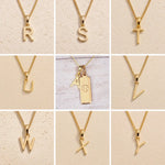 Collage of gold necklaces with letter charm pendants r, s, t, u, v, w, x, z on a beige background as gold initial pendant options to personalise a Cancer Zodiac Necklace.
