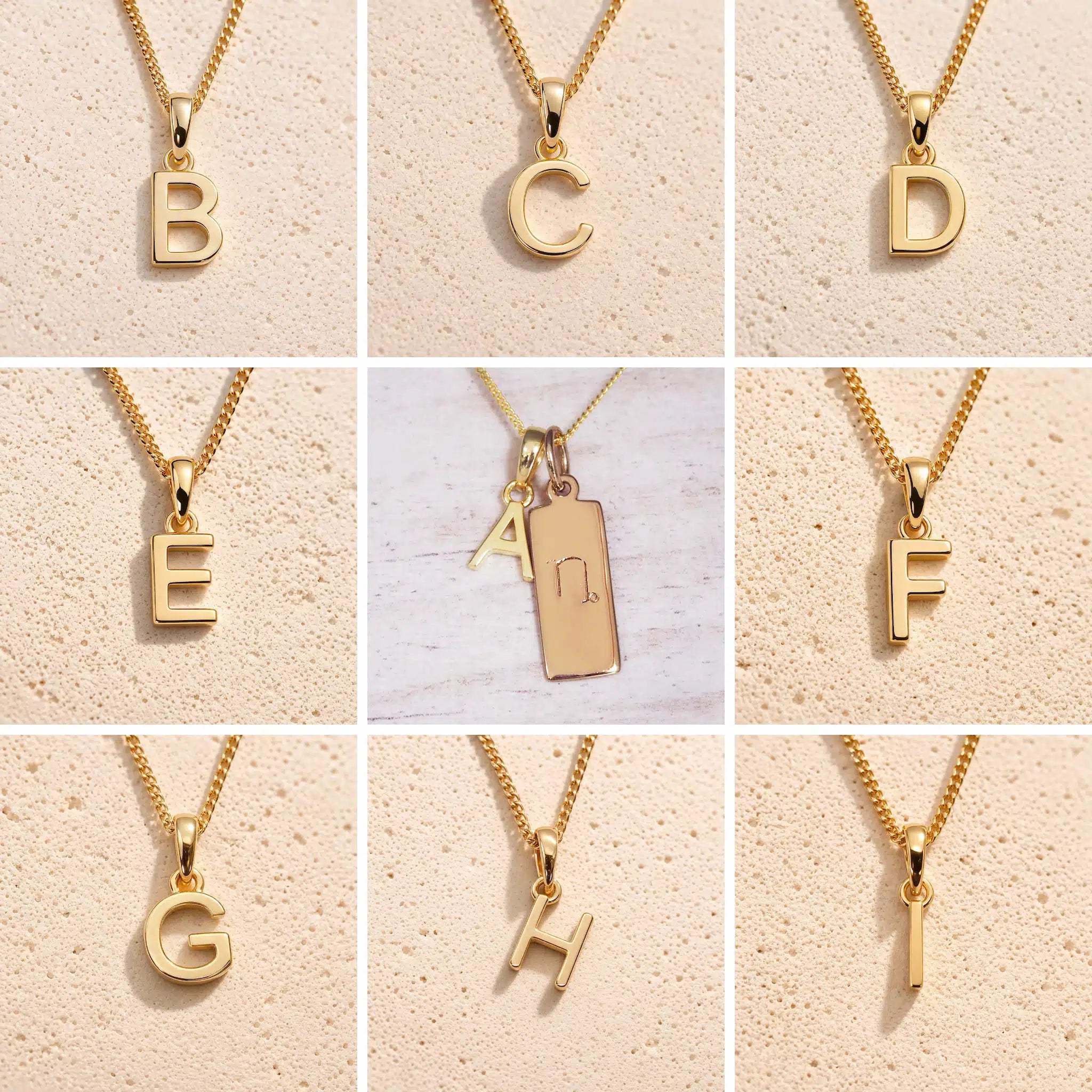 Collage of gold necklaces with letters A to H on a beige background as gold letter charm options for personalised Capricorn Zodiac Necklace