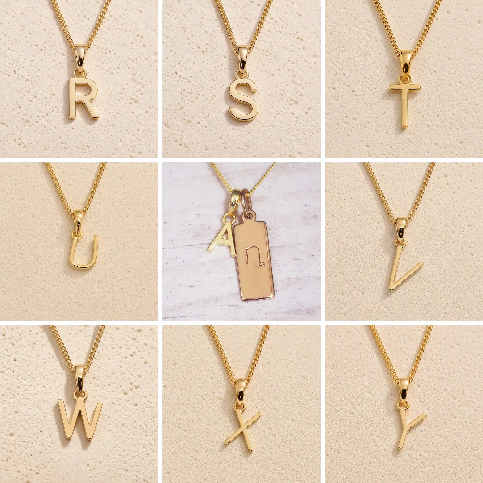 Collage of gold necklaces with letters R to Y on a beige background as gold letter charm options for personalised Capricorn Zodiac Necklace