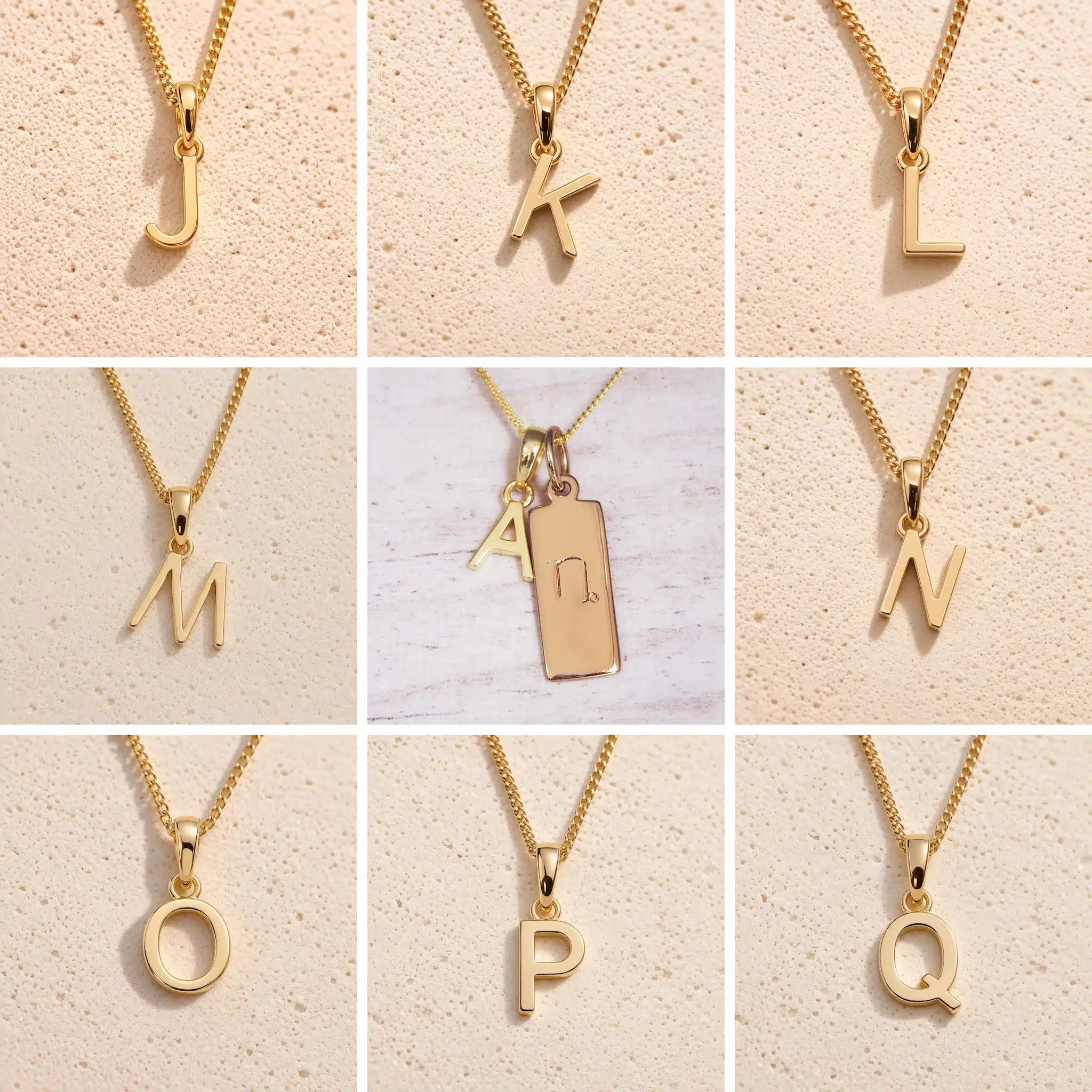 Collage of gold necklaces with letters J to Q on a beige background as gold letter charm options for personalised Capricorn Zodiac Necklace