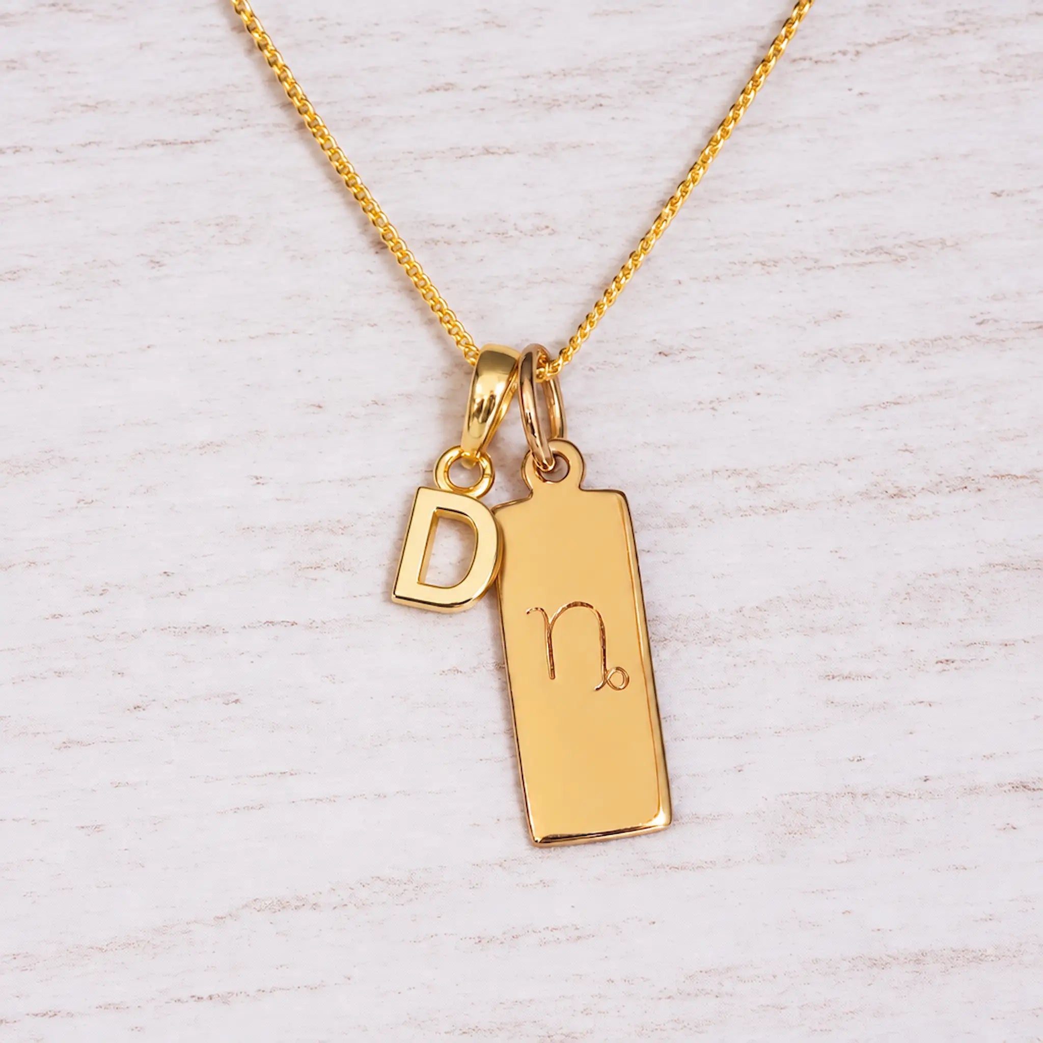 Gold Initial and Capricorn Zodiac Necklace with letter D pendant on light wood