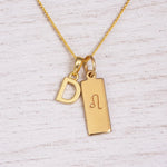 Gold initial and Leo zodiac necklace with a letter D pendant and engraved Leo bar on white wood, close-up