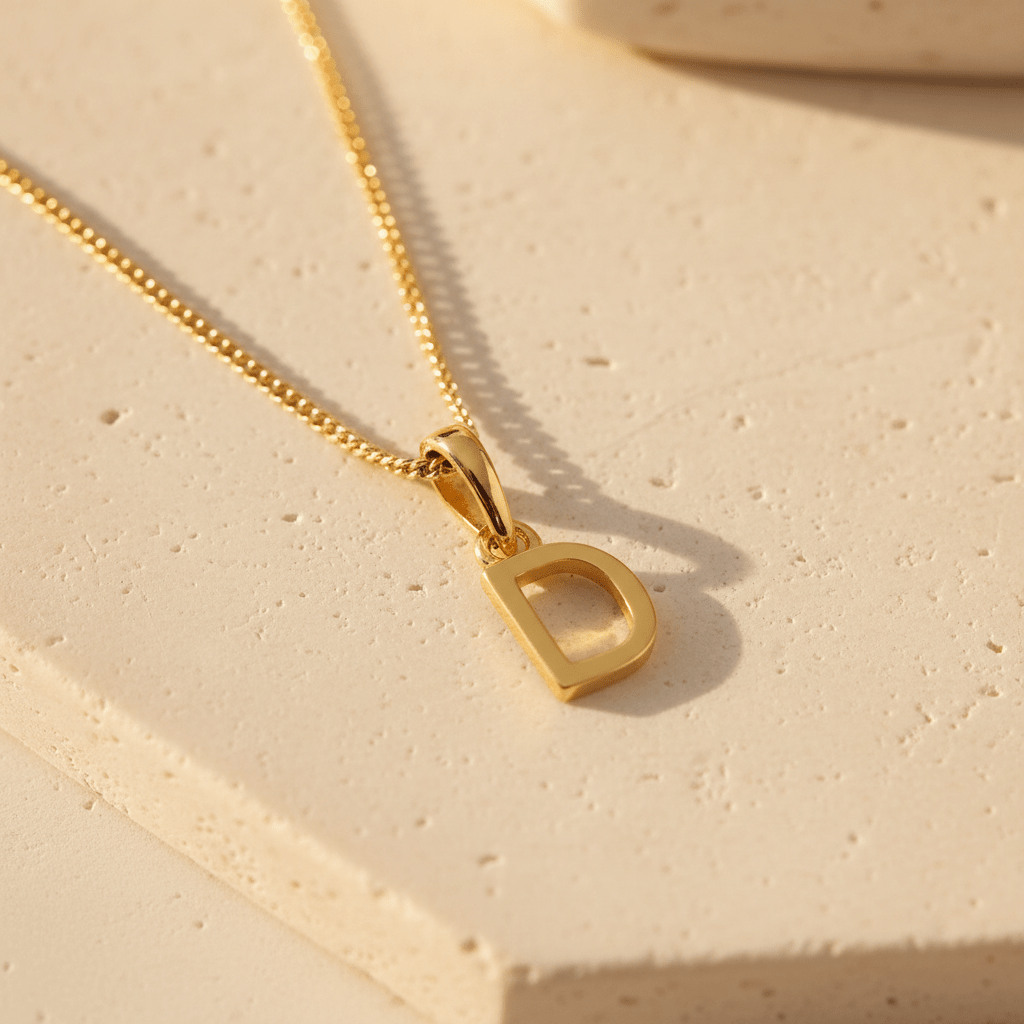 Gold necklace with a 'D' pendant on a beige surface