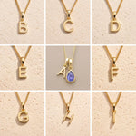 Grid of Fine Gold Chain Necklaces with uppercase Initial Letter Pendants B, C, D, E, A, F, G, H, I as personalised options for December Birthstone Tanzanite Necklace on a light background.