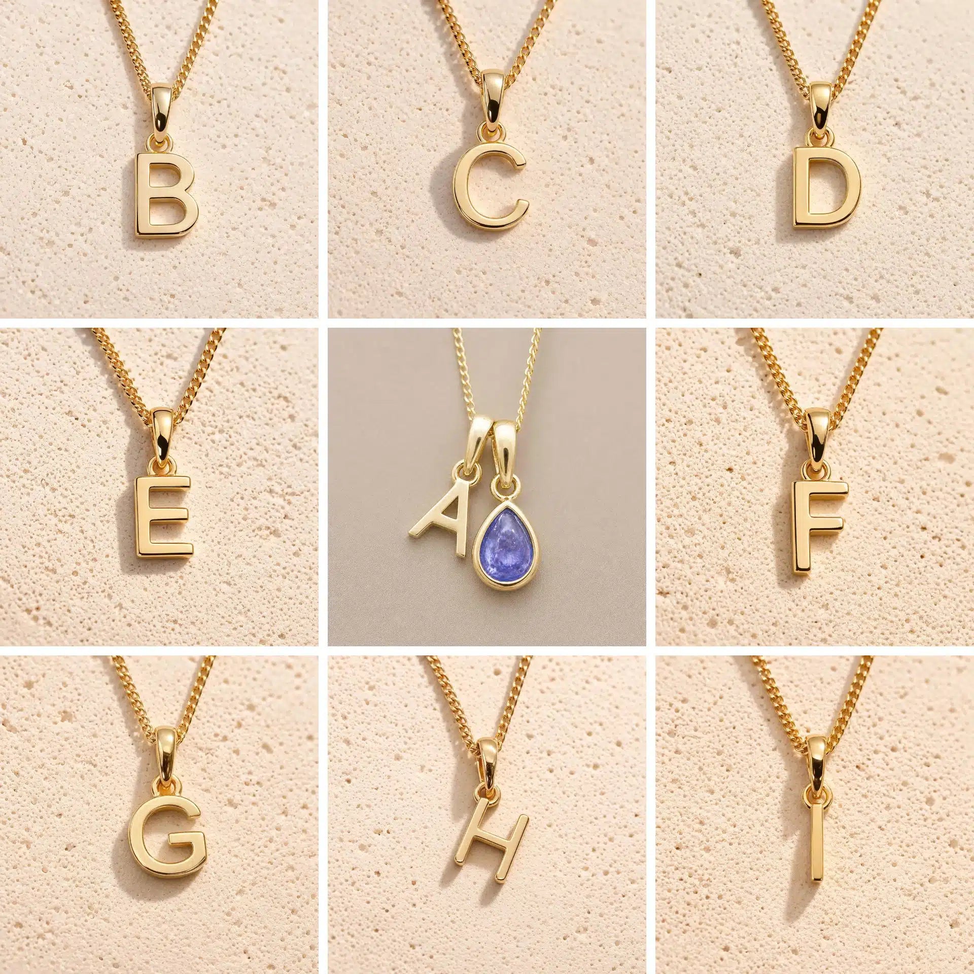 Grid of Fine Gold Chain Necklaces with uppercase Initial Letter Pendants B, C, D, E, A, F, G, H, I as personalised options for December Birthstone Tanzanite Necklace on a light background.
