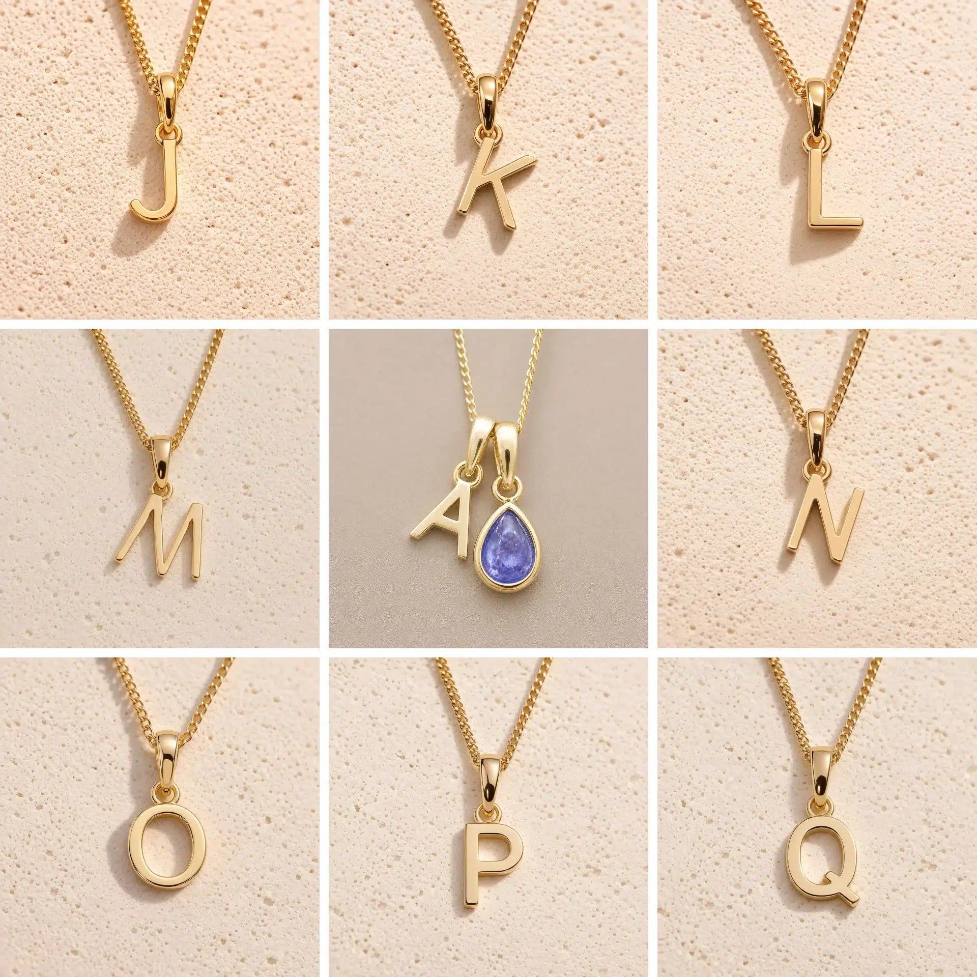 Grid of Fine Gold Chain Necklaces with uppercase Initial Letter Pendants J, K, L, M, A, N, O, P, Q as personalised options for December Birthstone Tanzanite Necklace on a light background.