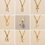 Grid of Fine Gold Chain Necklaces with uppercase Initial Letter Pendants R, S, T, U, A, V, W, X, Y as personalised options for December Birthstone Tanzanite Necklace on a light background.