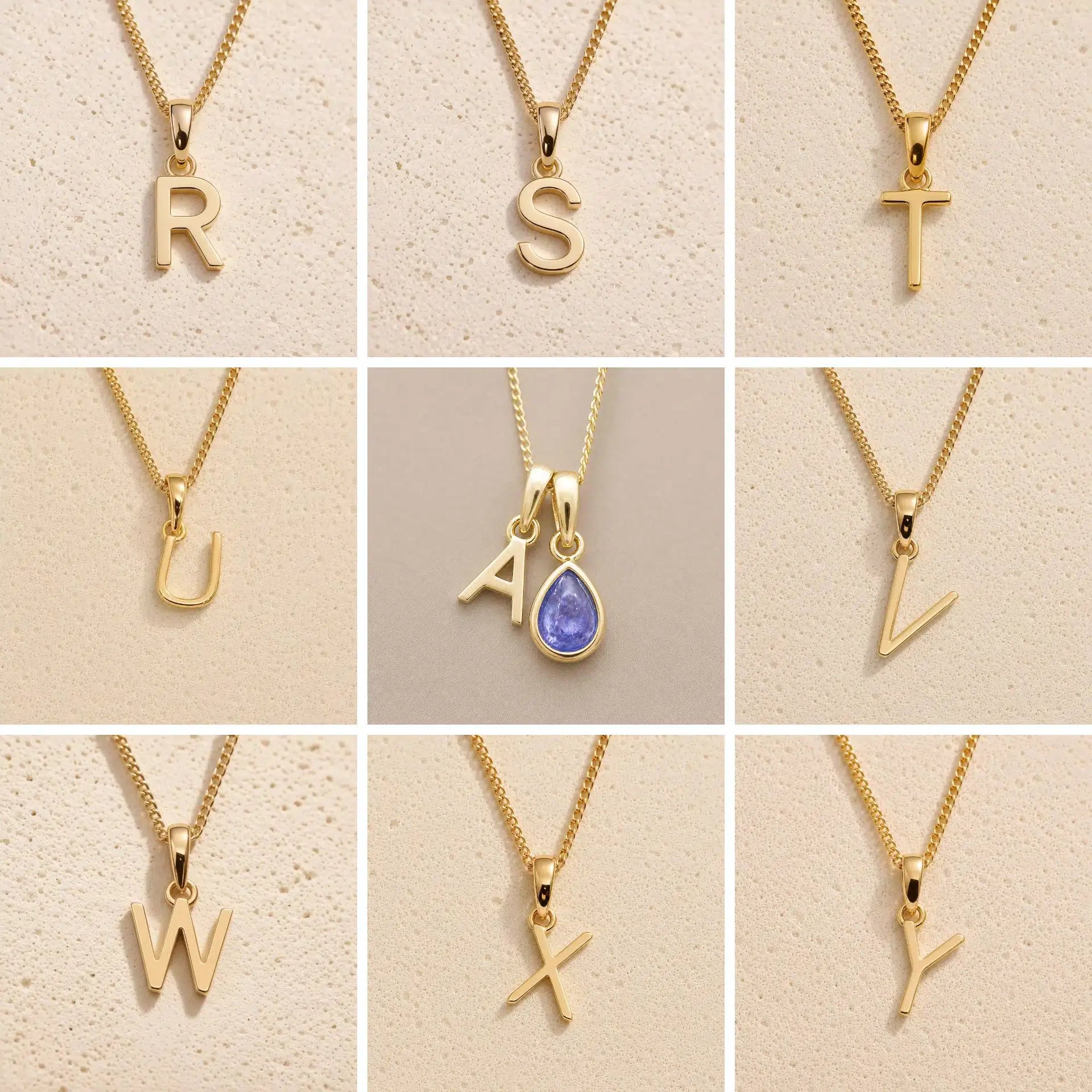 Grid of Fine Gold Chain Necklaces with uppercase Initial Letter Pendants R, S, T, U, A, V, W, X, Y as personalised options for December Birthstone Tanzanite Necklace on a light background.