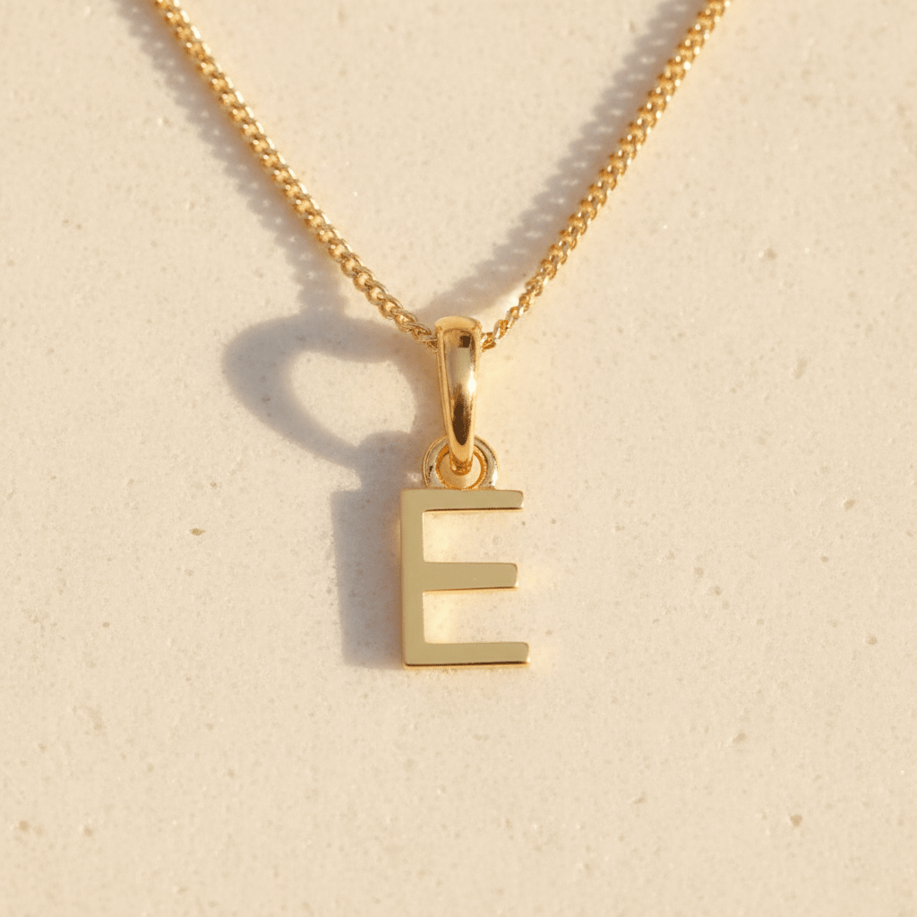 Gold necklace with a 'E' pendant on a beige background