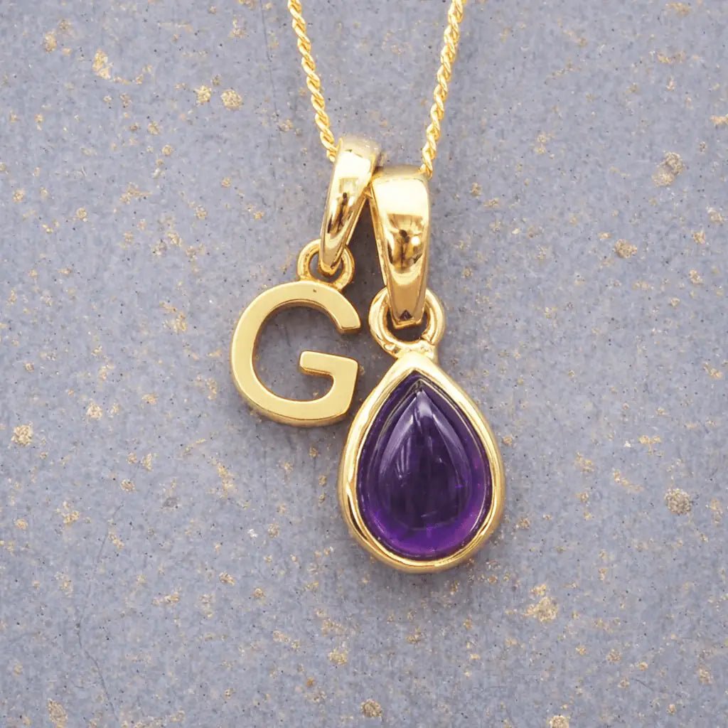 Gold February Birthstone necklace with 'G' initial pendant pear-shaped natural Amethyst gemstone pendant