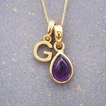 Gold February Birthstone necklace with 'G' initial pendant pear-shaped natural Amethyst gemstone pendant
