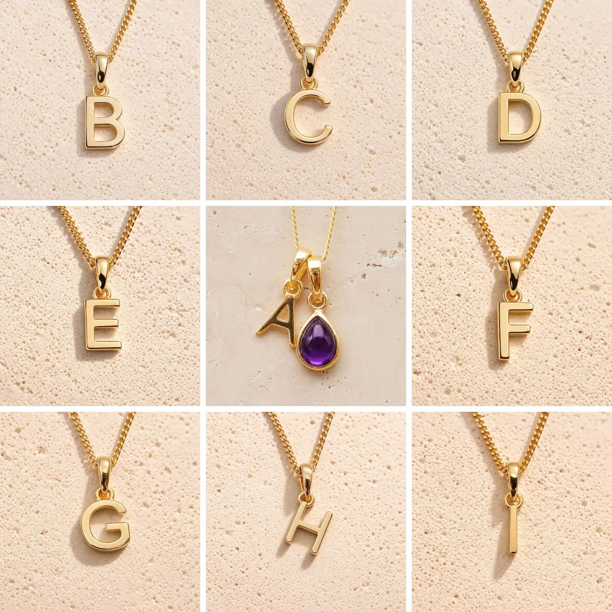 Gold chain necklaces with letter pendants B to H on a beige background, as personalised gold letter options for the Gold February Birthstone Amethyst Necklace.