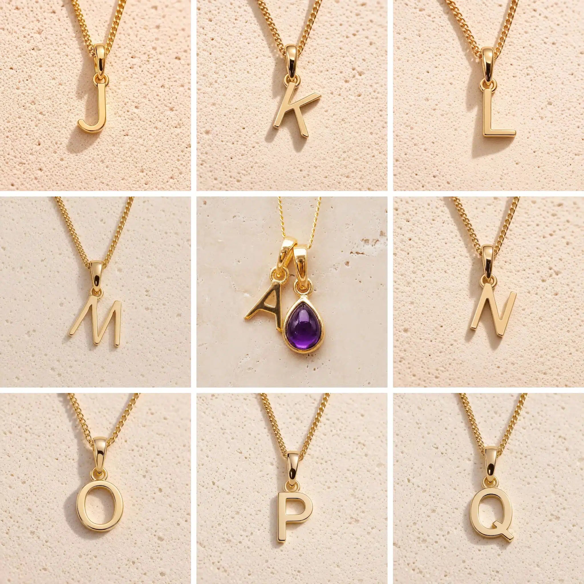 Gold chain necklaces with letter pendants J to Q on a beige background, as personalised gold letter options for the Gold February Birthstone Amethyst Necklace.