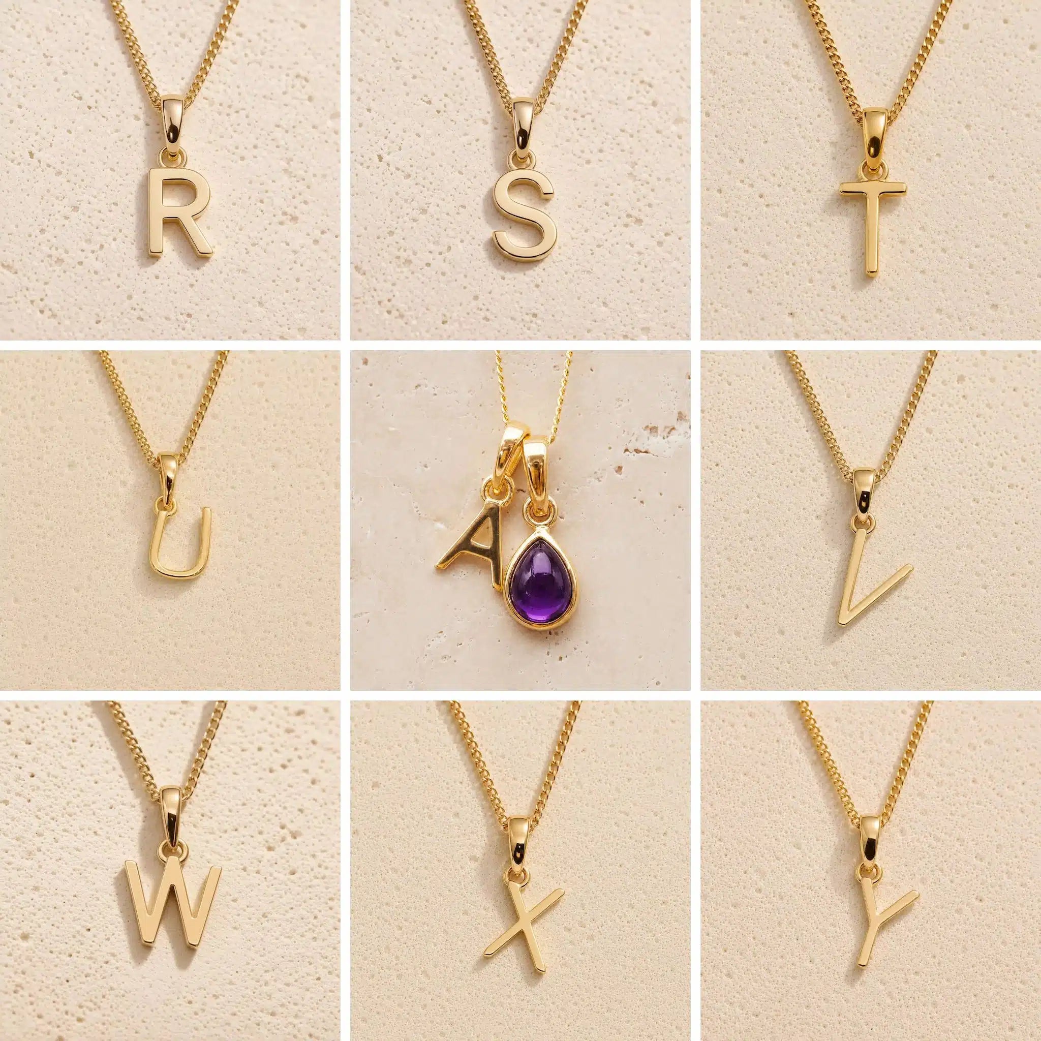 Gold chain necklaces with letter pendants R to Y on a beige background, as personalised gold letter options for the Gold February Birthstone Amethyst Necklace.