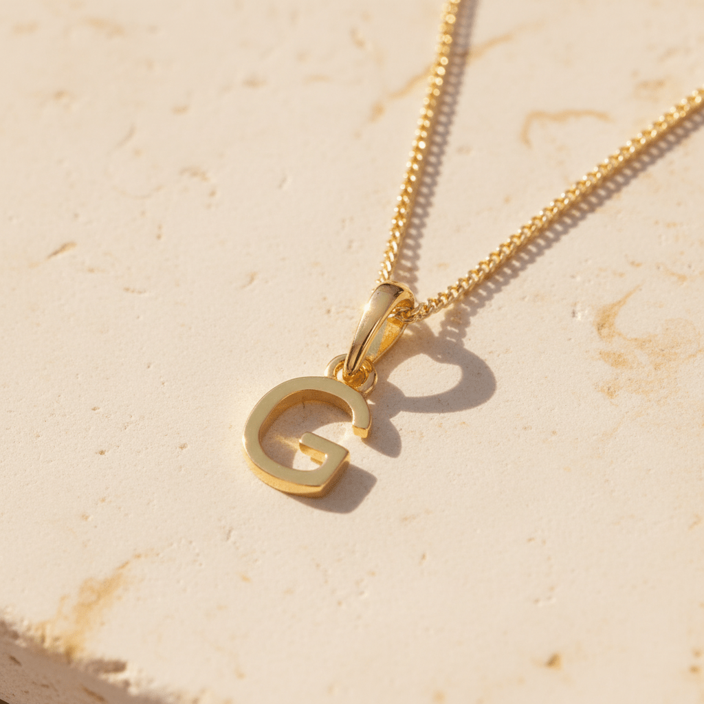 Gold necklace with a letter 'G' pendant on a beige marble background
