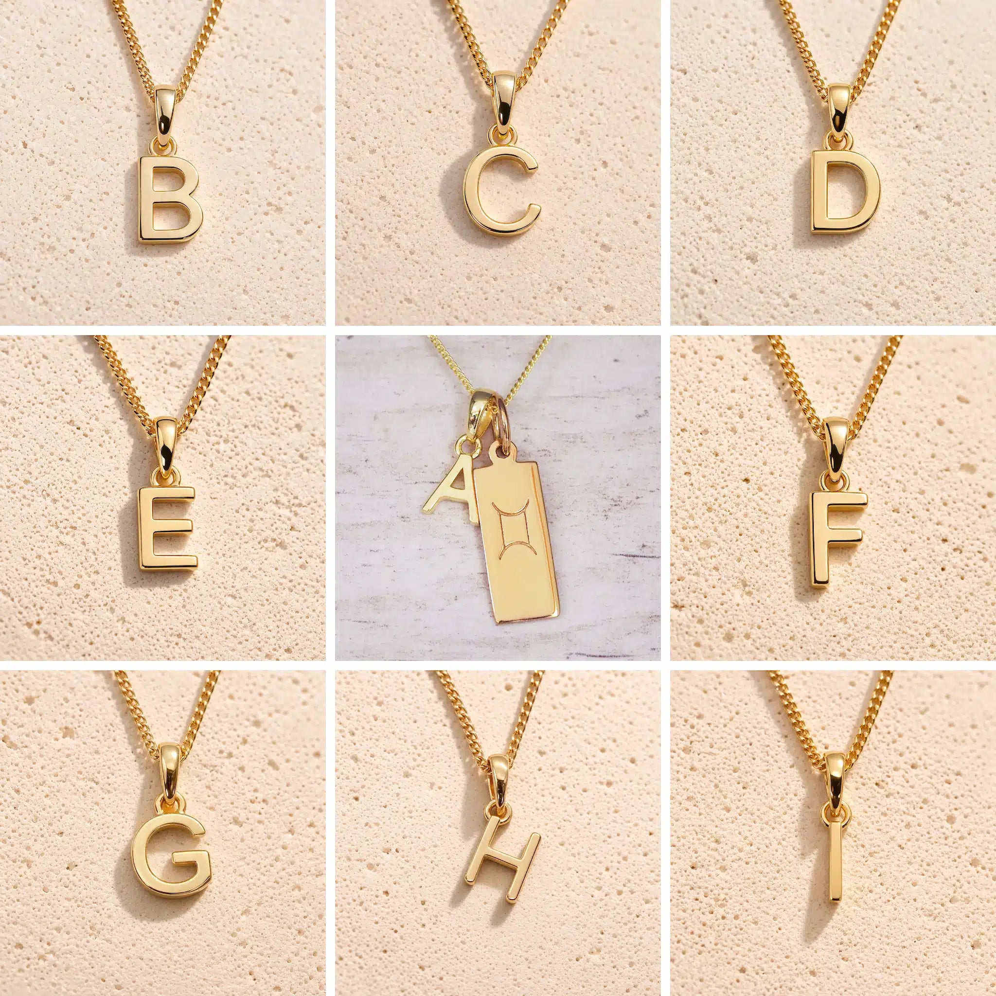 Collage of gold necklaces with letters A to H on a beige background as Gold Letter Pendant Options to personalise the Gemini Zodiac Necklace.