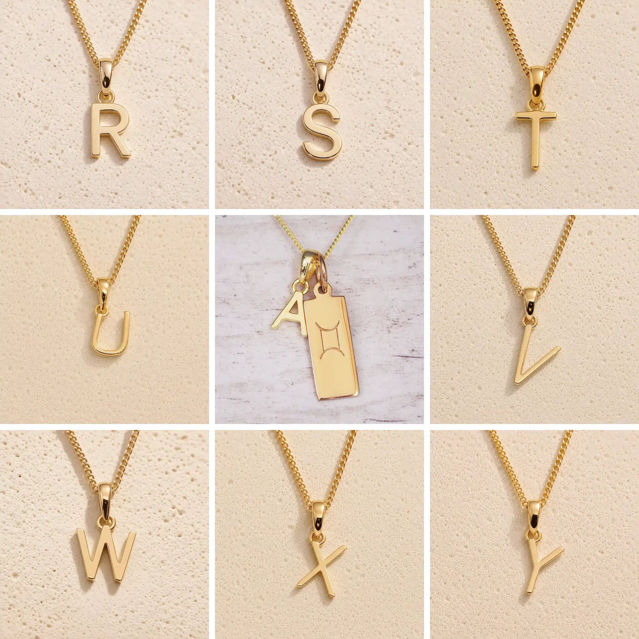 Gold chain necklaces with letter pendants R to Y on a beige background as Gold Letter Pendant Options to personalise the Gemini Zodiac Necklace.