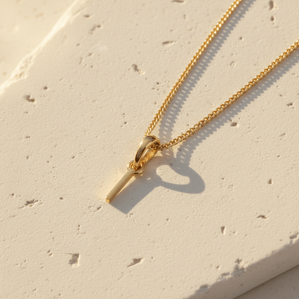 Gold necklace with a small I initial pendant on a light beige surface