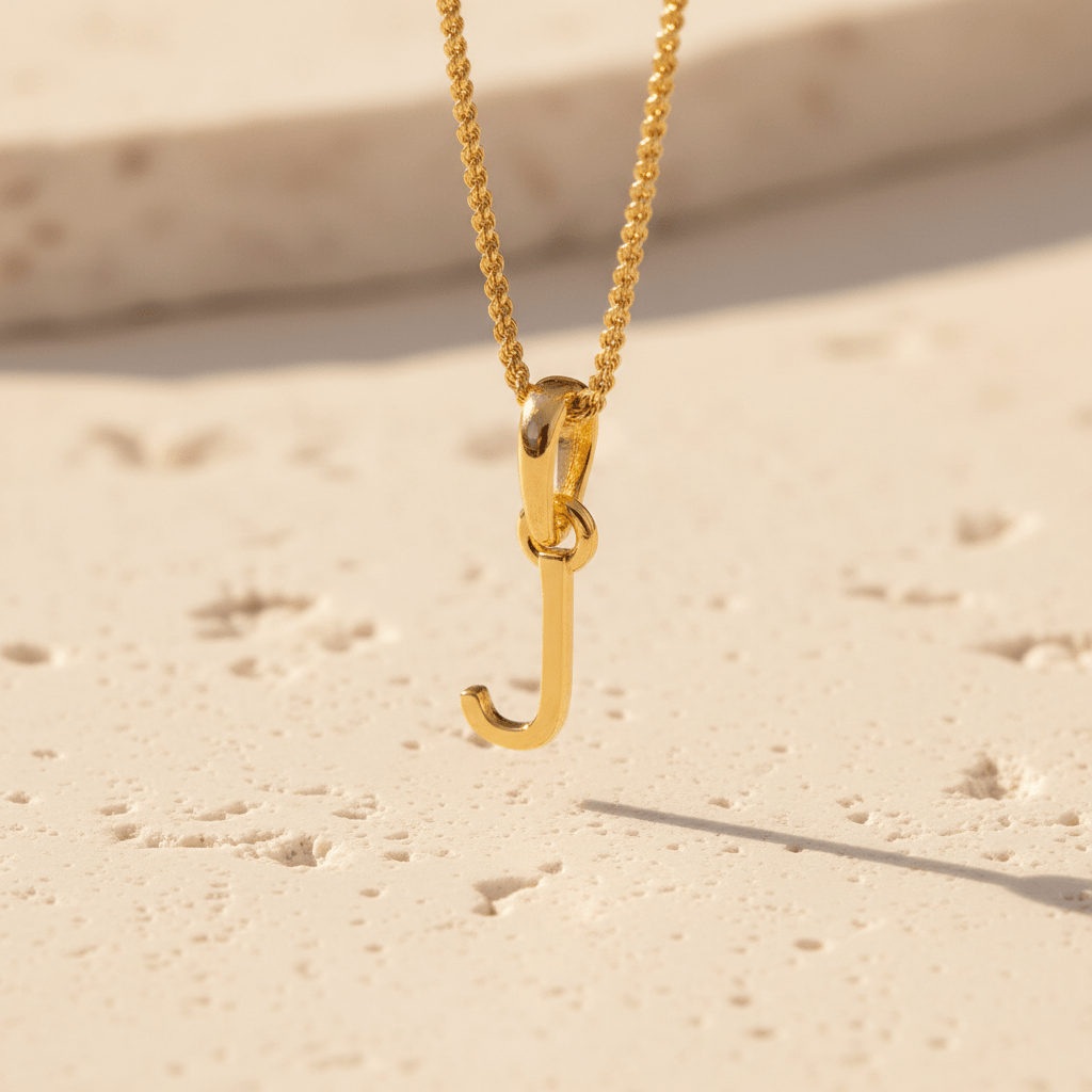 Gold necklace with a 'J' pendant on a beige surface
