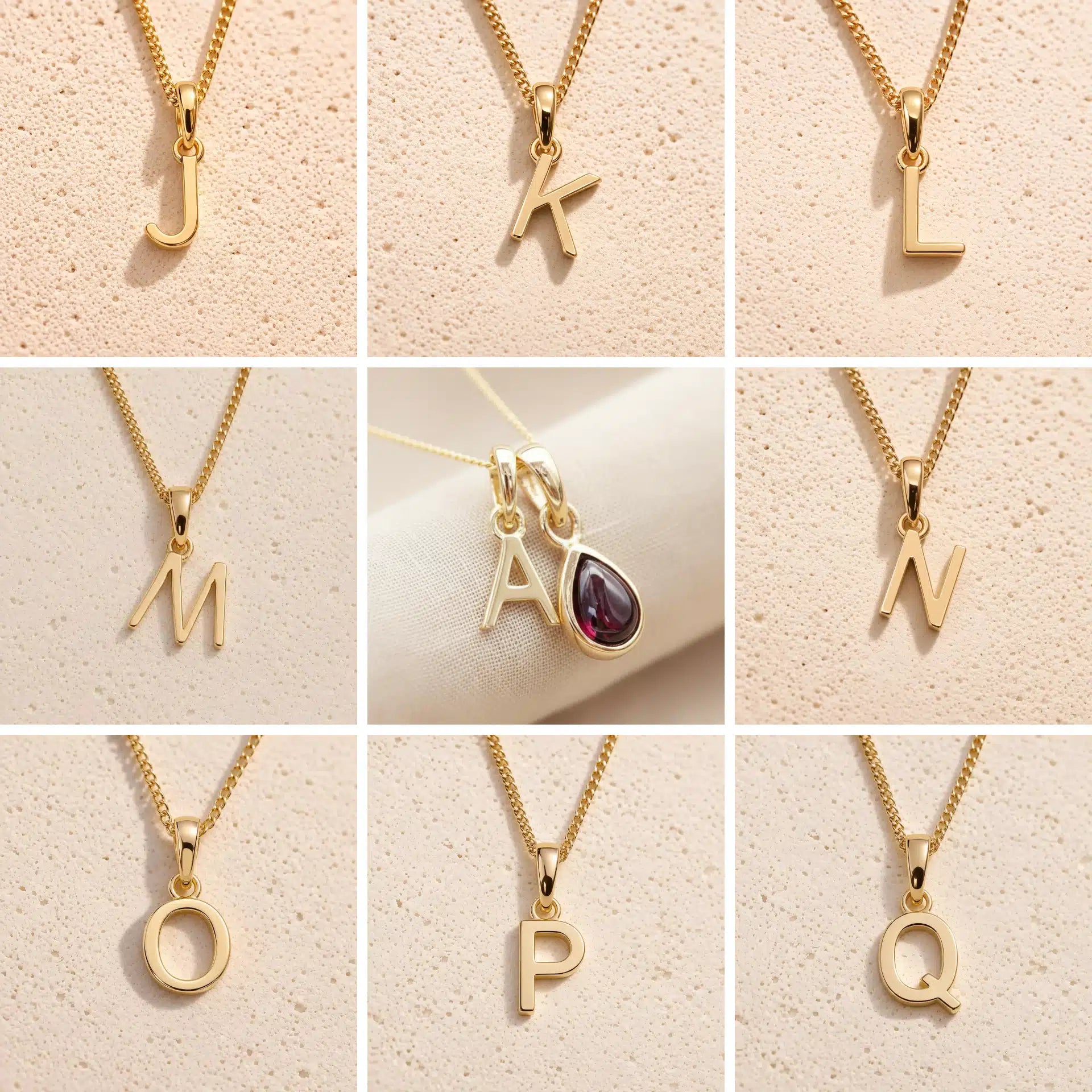 Collage of gold fine chain necklaces with various letters J to Q on a beige background as gold initial options for the January birthstone garnet necklace